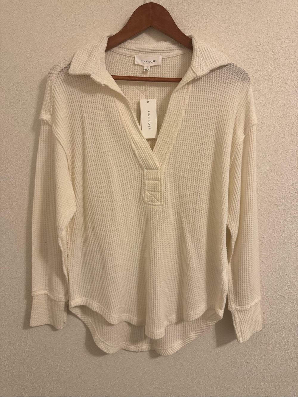 Pink Rose Cream Waffle Knit Oversized Collared Pullover Top Small NWT